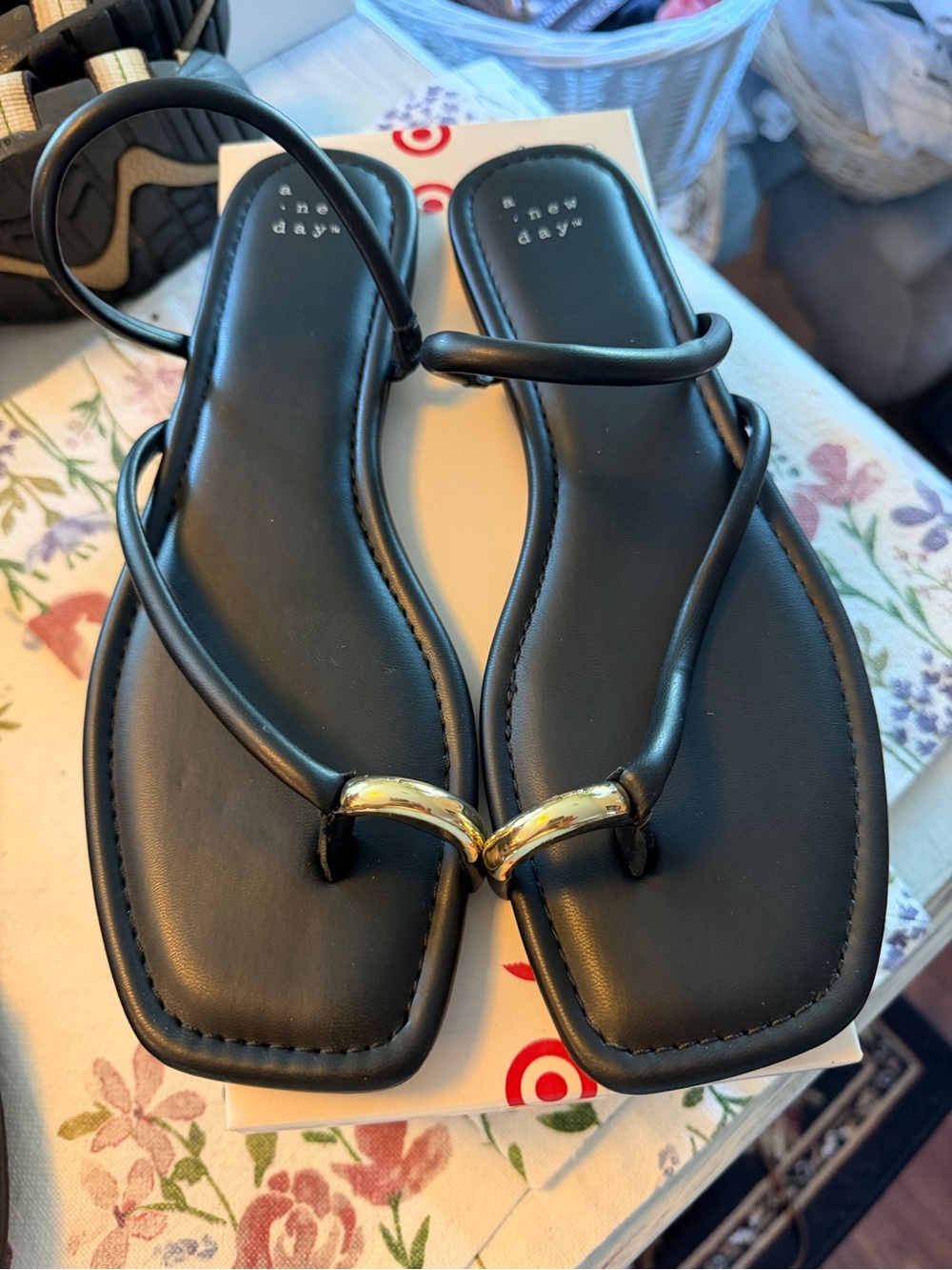 a new day Black Sandals with Gold Accent Hardware